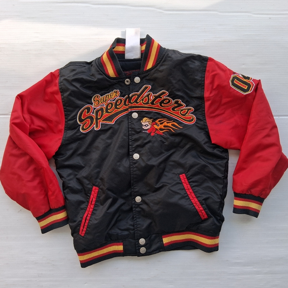 Disney Store Super Speedsters Boys Embroidered Satin Jacket Size M Black/Red